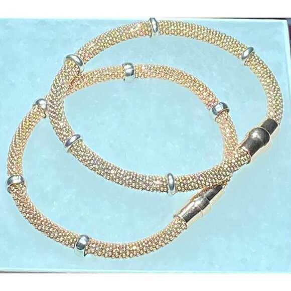 Two Italian Sterling Silver Beaded Rose Tone Popcorn Mesh Magnetic Bracelets - Picture 2 of 6